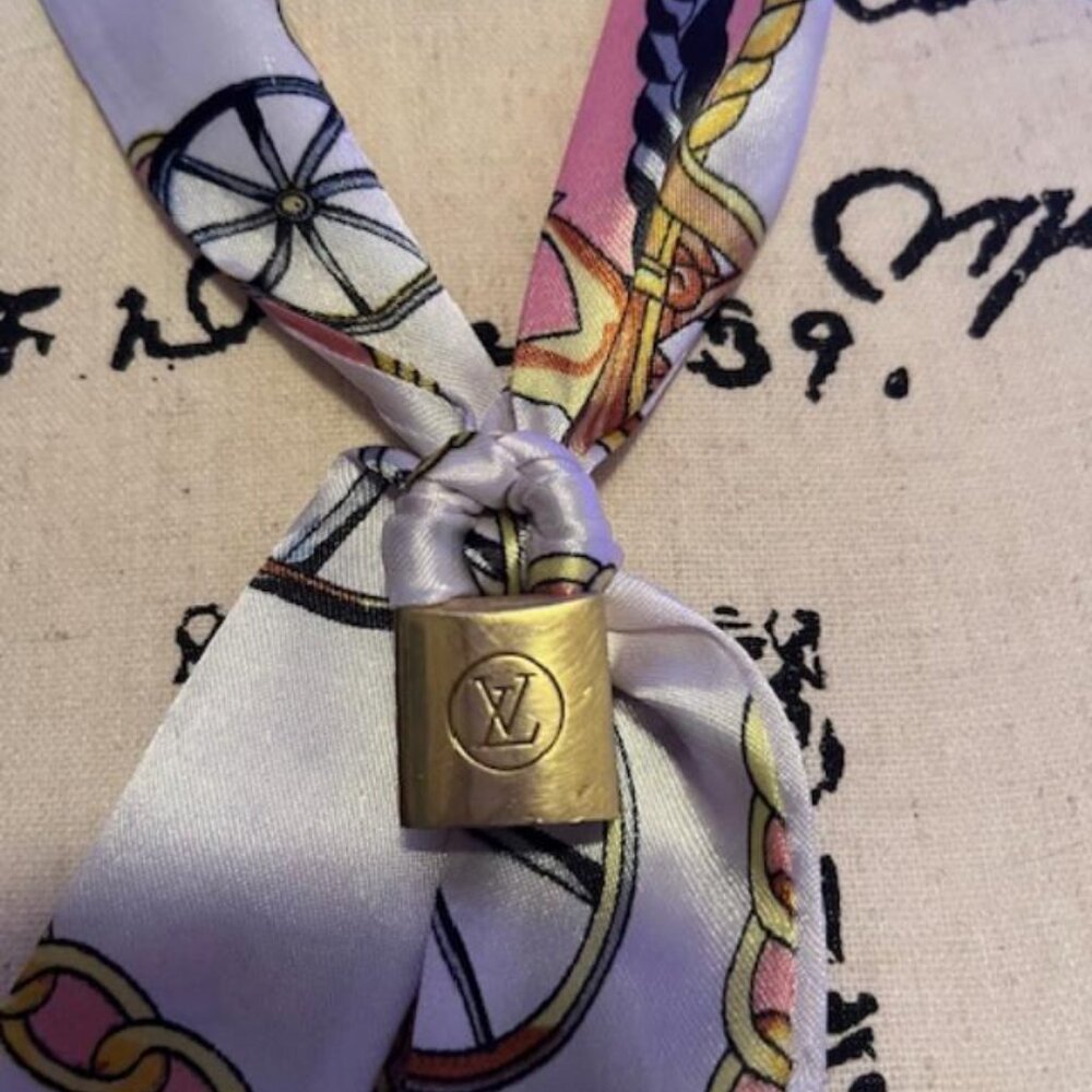 Louis Vuitton Pastel Pink Lavender Silk Scarf with Gold Lock Accent